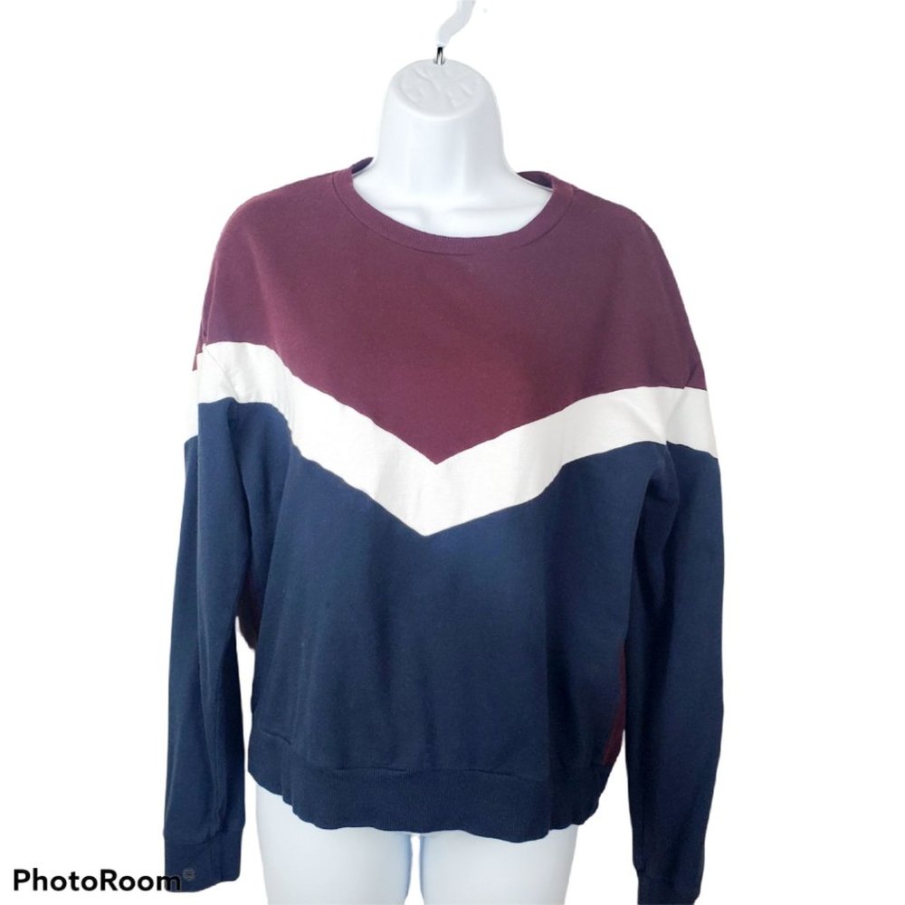 Divided sweatshirt medium burgundy, white , blue  striped cotton pullover